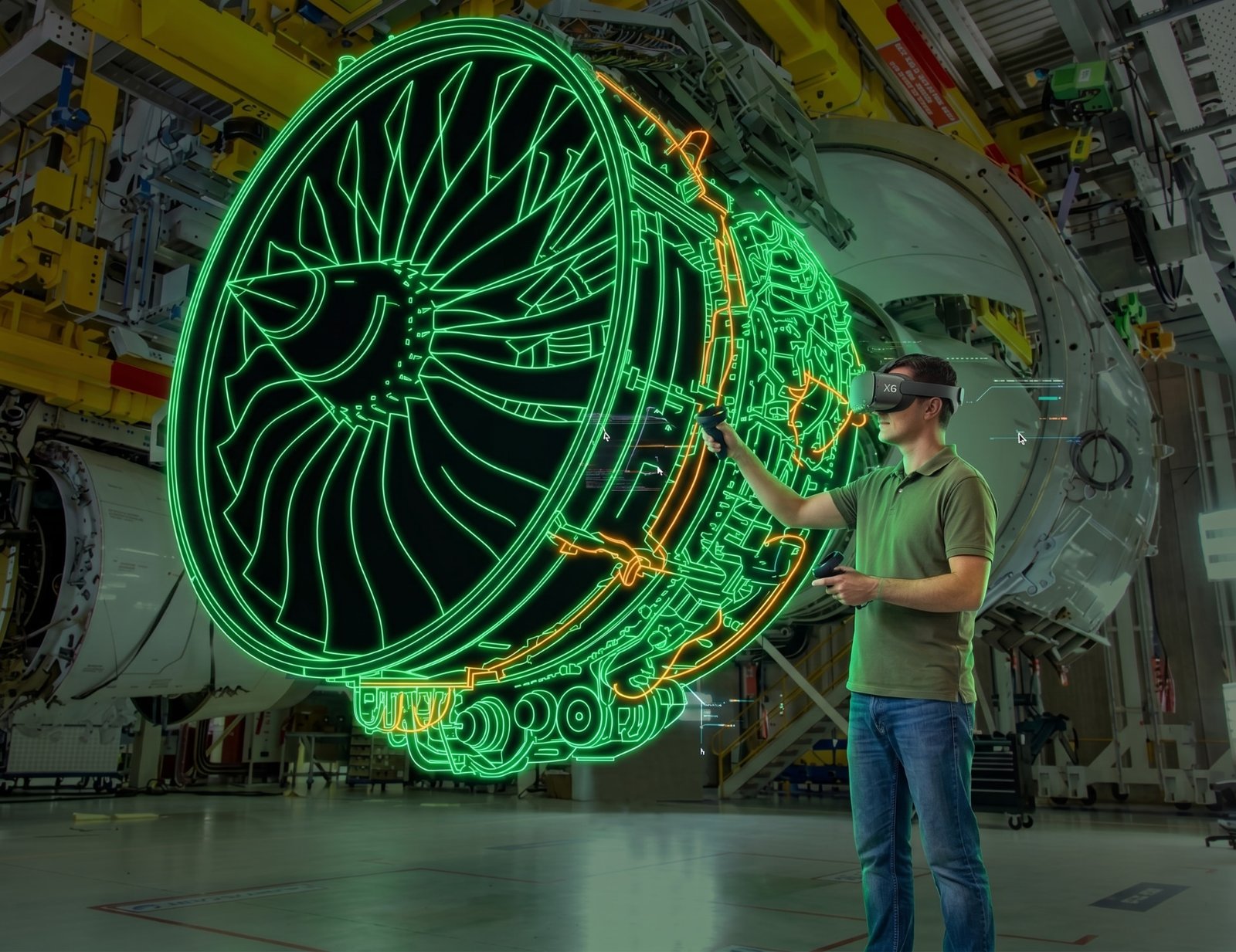 Technician training with a VR headset in a hangar